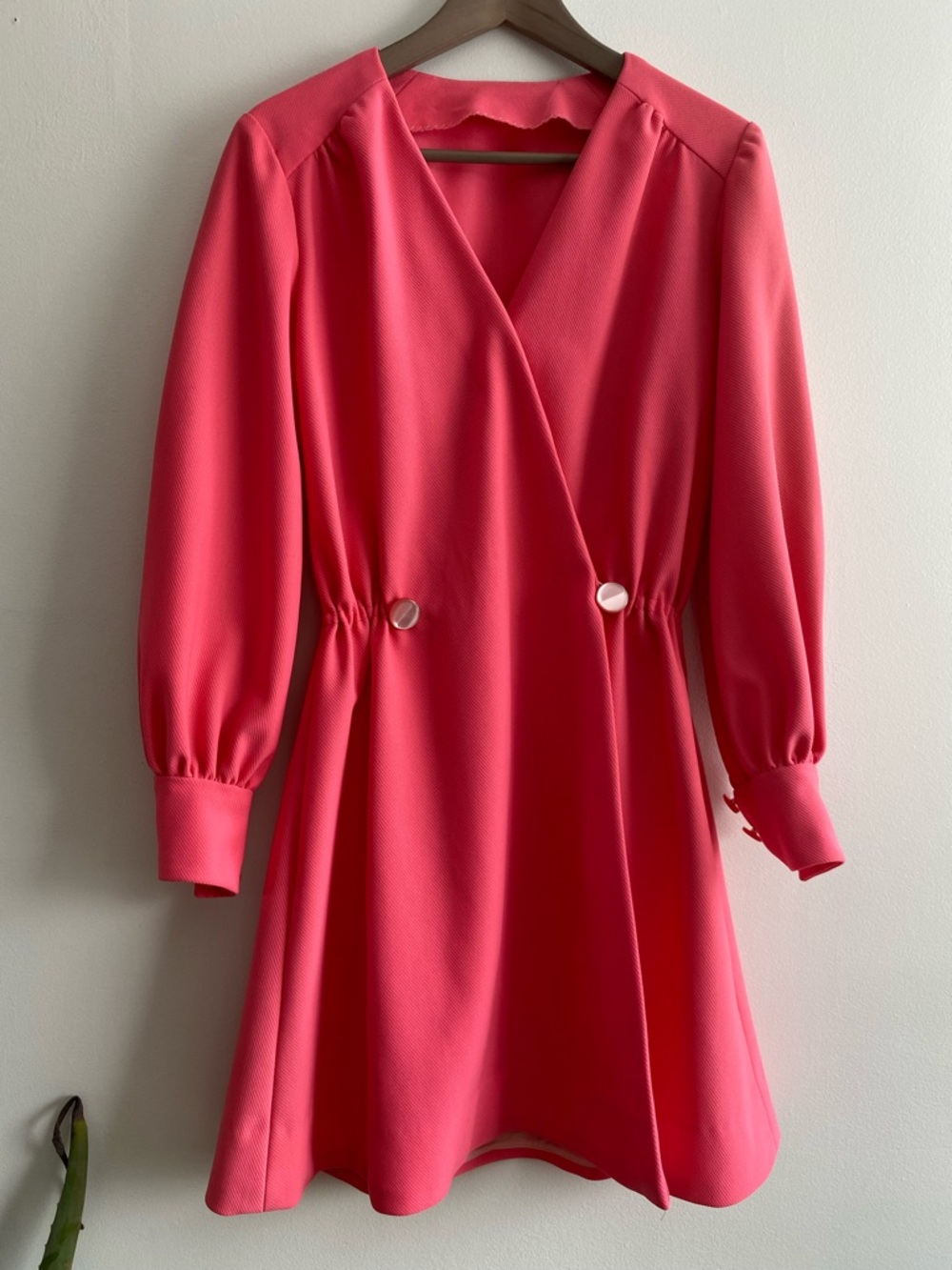 Vintage Bright Pink Long-Sleeve Dress with Button Accents